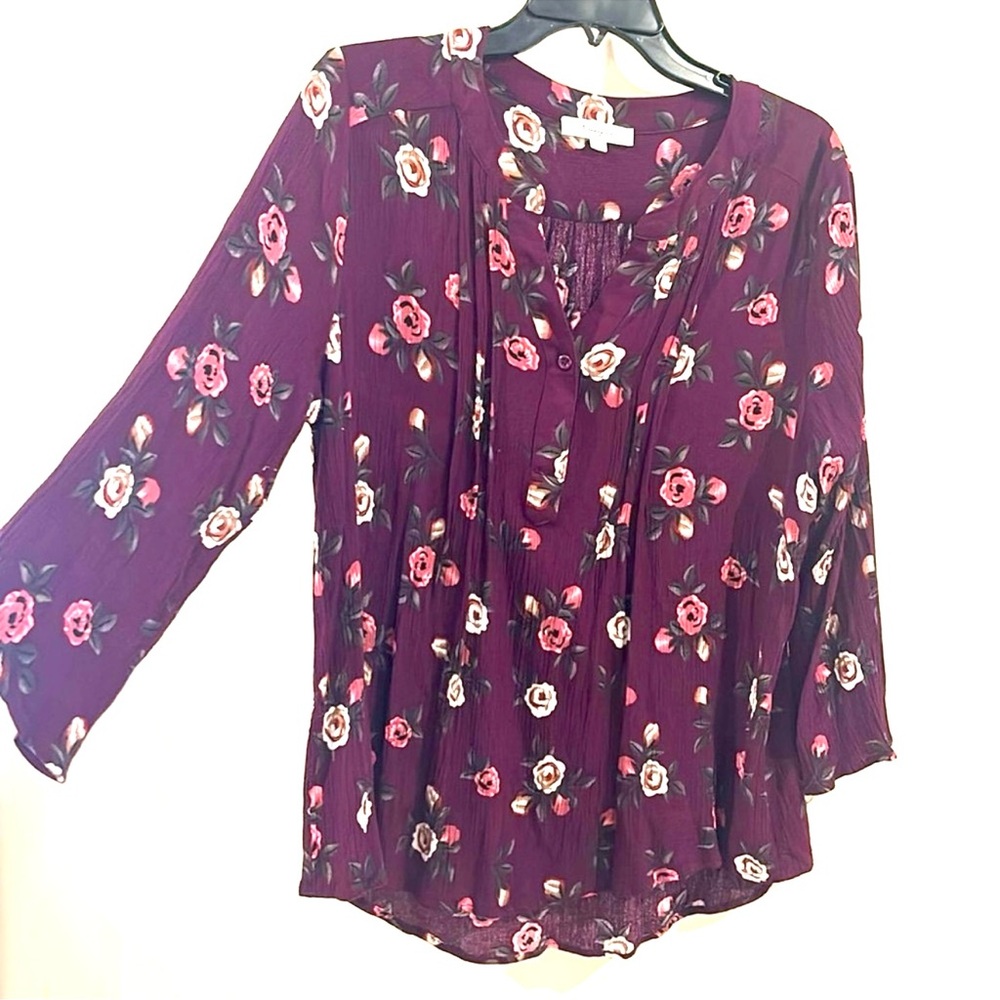Monday Fun Size XXL Floral Burgundy Blouse 3/4 Sleeve